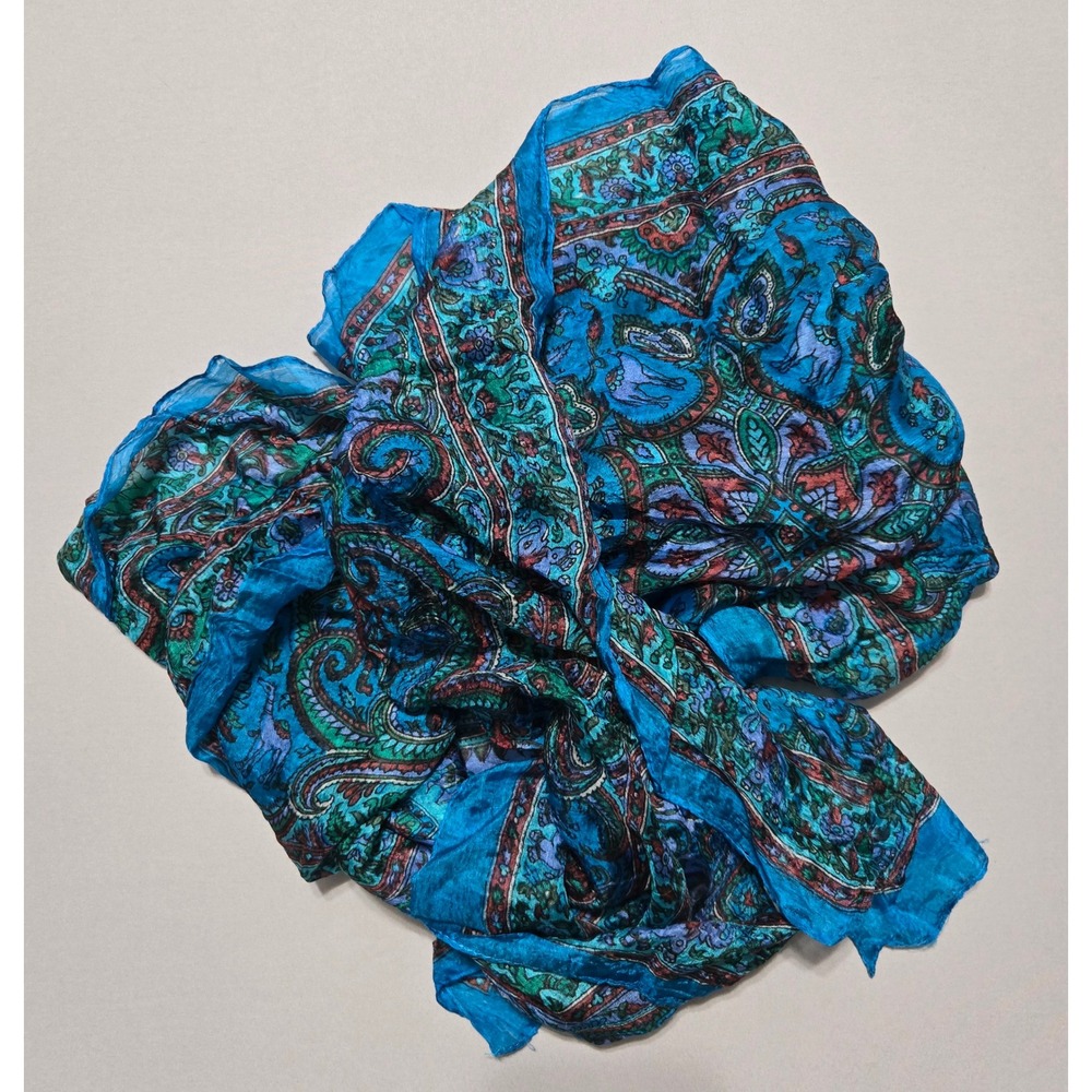 Paisley Pure Silk Oblong Scarf Womens Blue Multi 19x68 India